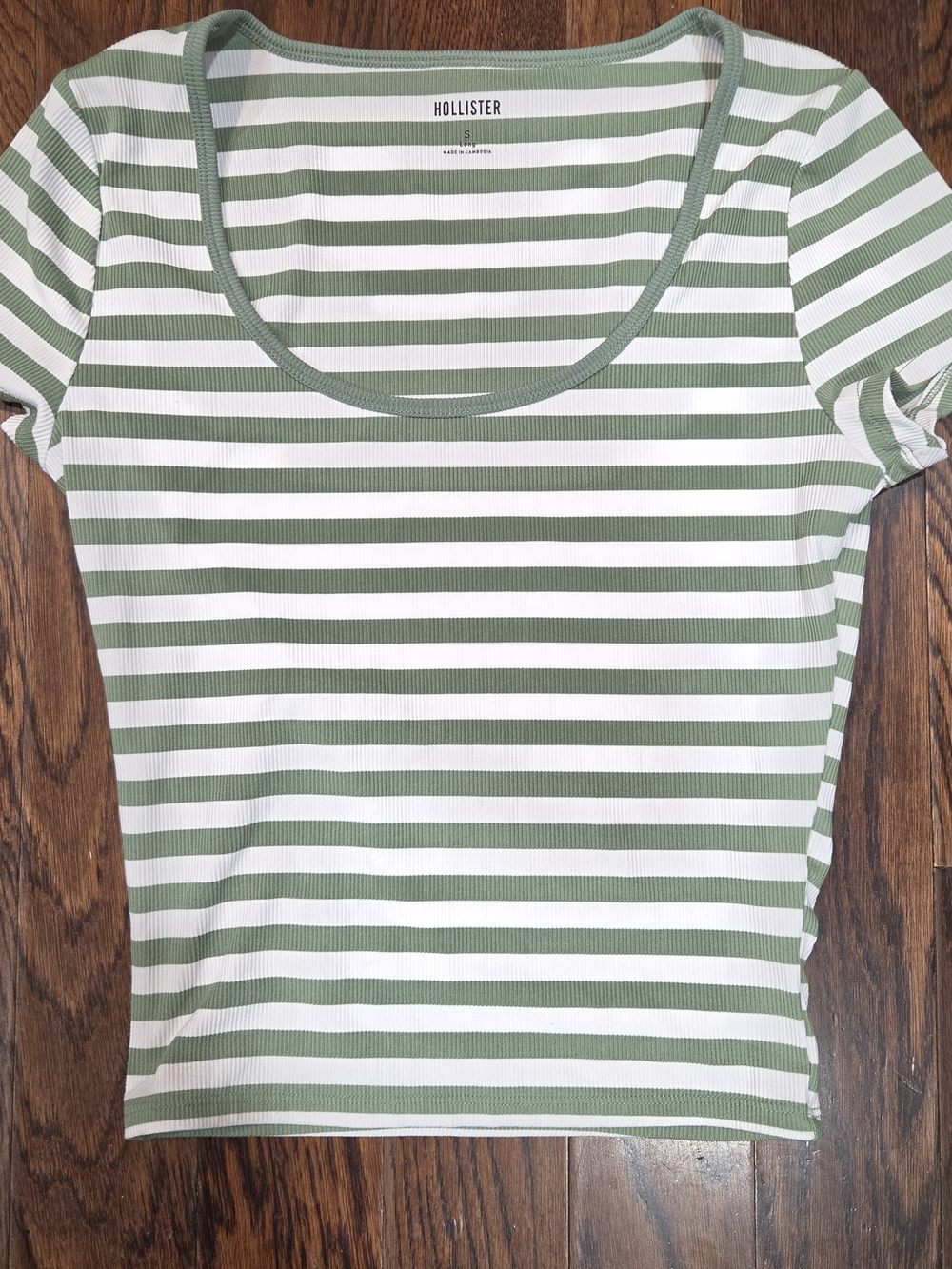 Hollister Women's Olive Green & White Striped Scoop Neck Top